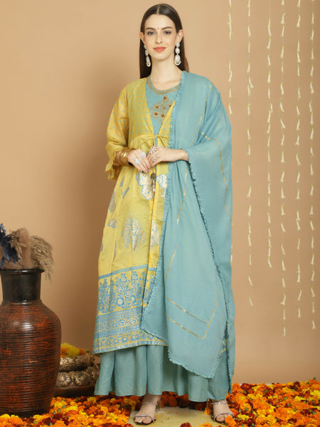 Jyoti Fashion Women's Yellow Chanderi Silk Elegant Jardoshi Kurta with Trouser & Dupatta - Distacart