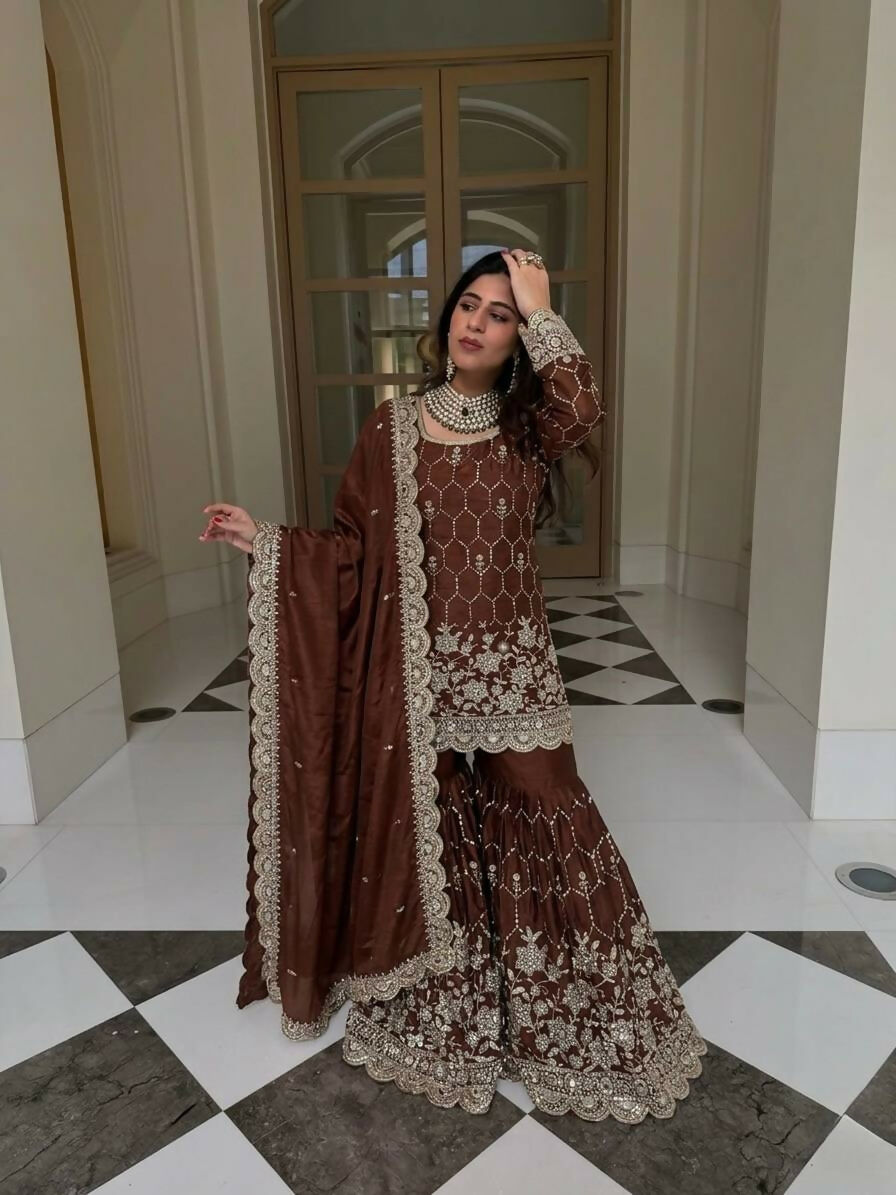Teeya Creation New Trendy Latest Designer Embroidery Sharara Kurta Set -Brown - Dista