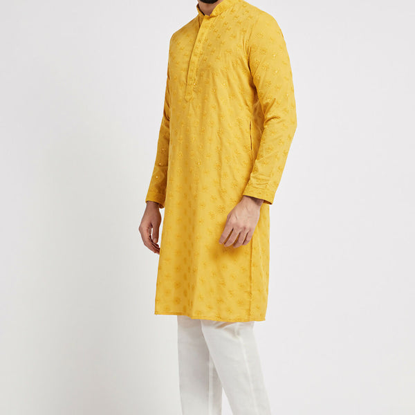 Ethnic India Yellow Men's Kurta Ethnic Motifs Cotton - Distacart