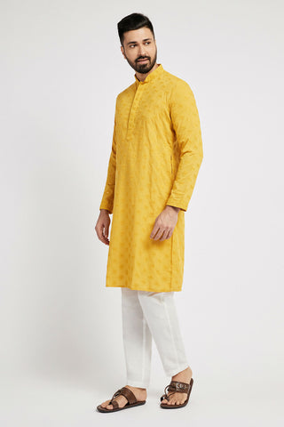 Ethnic India Yellow Men's Kurta Ethnic Motifs Cotton - Distacart