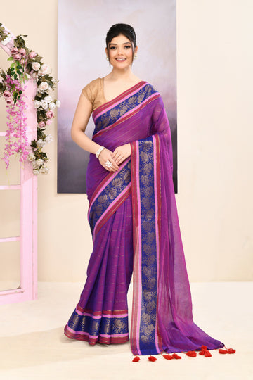 Piyari Fashion Women's Purple Embellished Zari Border Cotton Saree - Dista