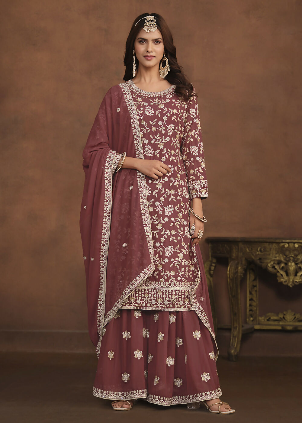 Faux Georgette Taupe Mauve Embroidered Festive Salwar Suit - Emponline - Distacart