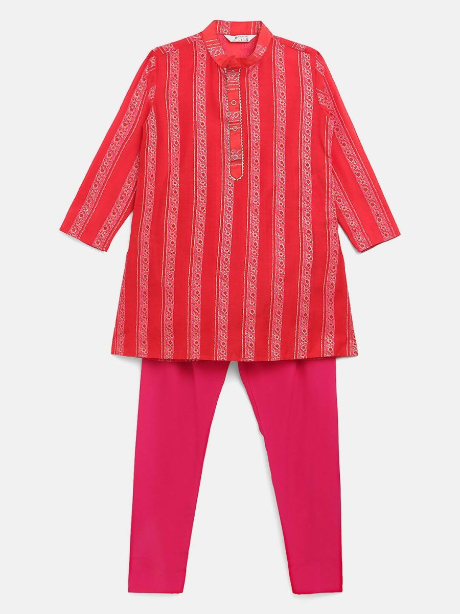 Ahalyaa Red Chanderi Khari Print Kids Kurta Churidar Set For Boys - Distacart