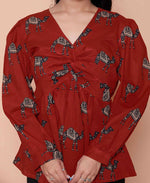 Thumbnail for Miravan Womens Brown Animal Printed Balloon Sleeves V Neck Butterfly Top - Distacart