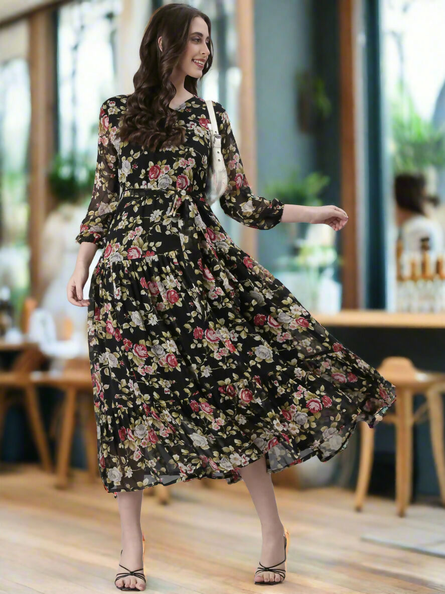 Souchii Black Floral Chiffon Dress