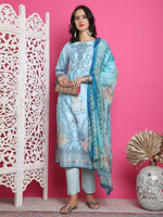 Thumbnail for Jyoti Fashion Women's Turquoise Satin Traditional Digital Print with Crystal work Kurta with Trouser & Dupatta - Distacart