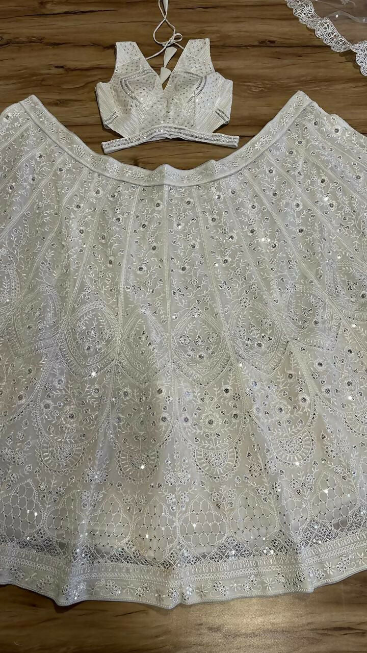 Jyoti Fashion Women's Off White Georgette Codding Thread with Sequins Embroidered Designer Lehenga Choli Set - Distacart