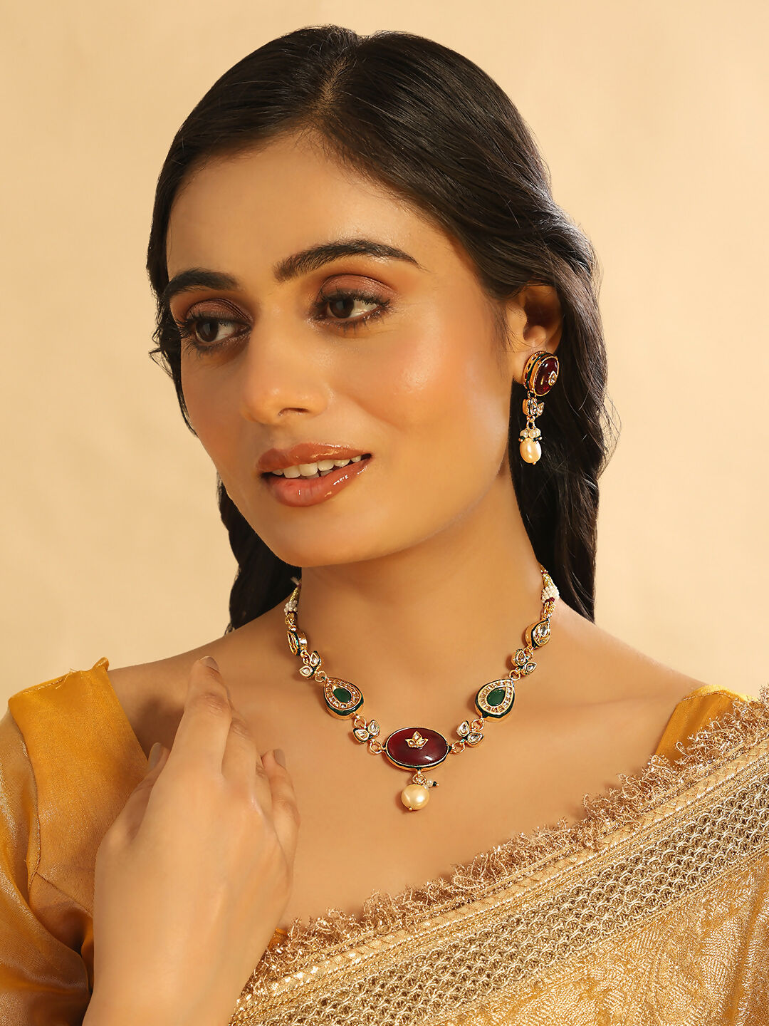 Nuyug 22K Gold Plated Radiant Sage Stone Kundan Necklace