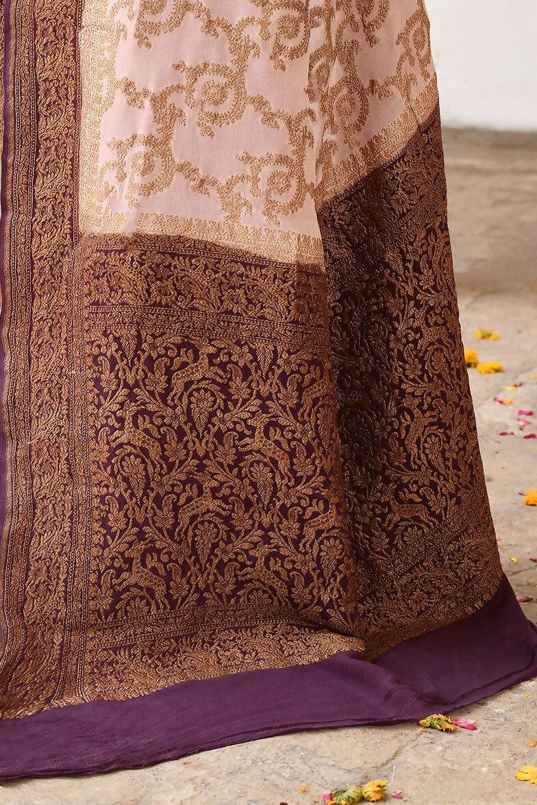 Joban Fashion Ivory Crepe Chiffon Pure Handloom Banarasi Silk Saree