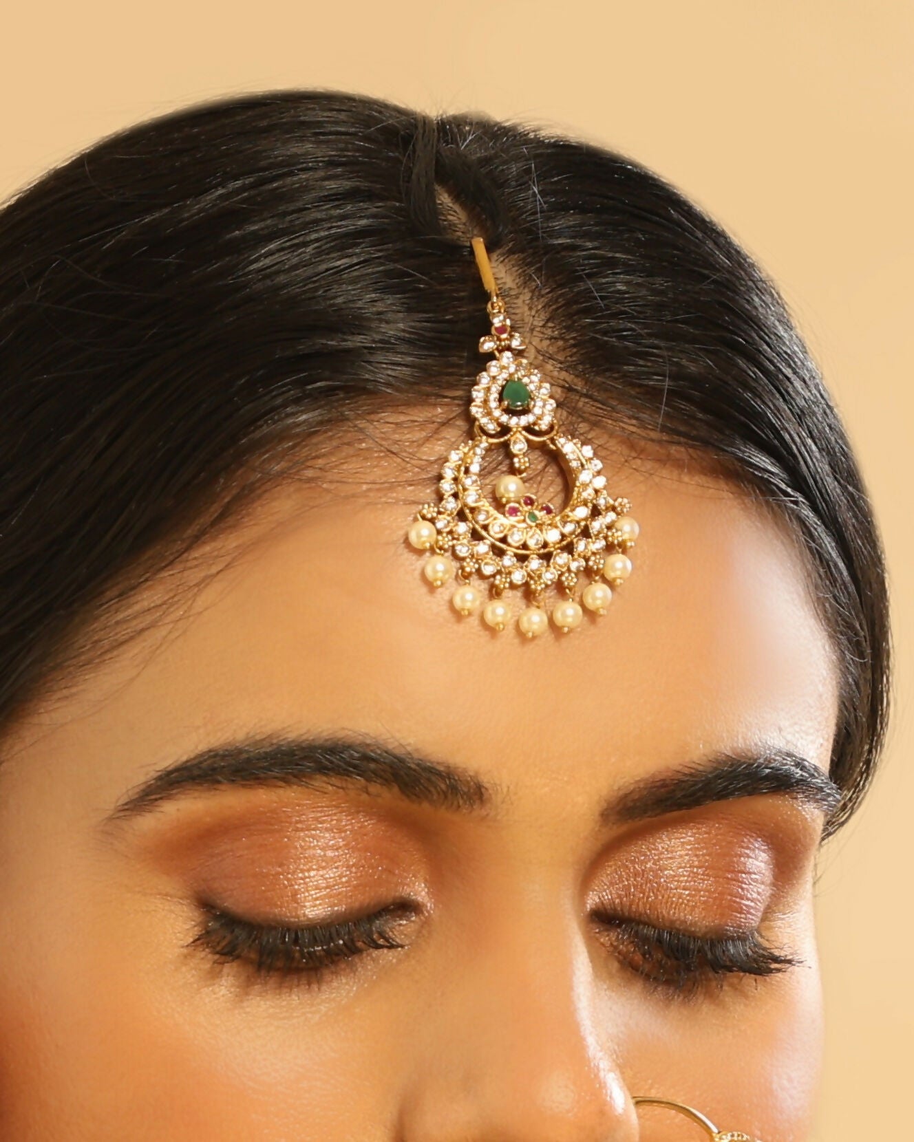 Nuyug 18K Gold Plated Ethereal Pearl Drops Maang Tikka