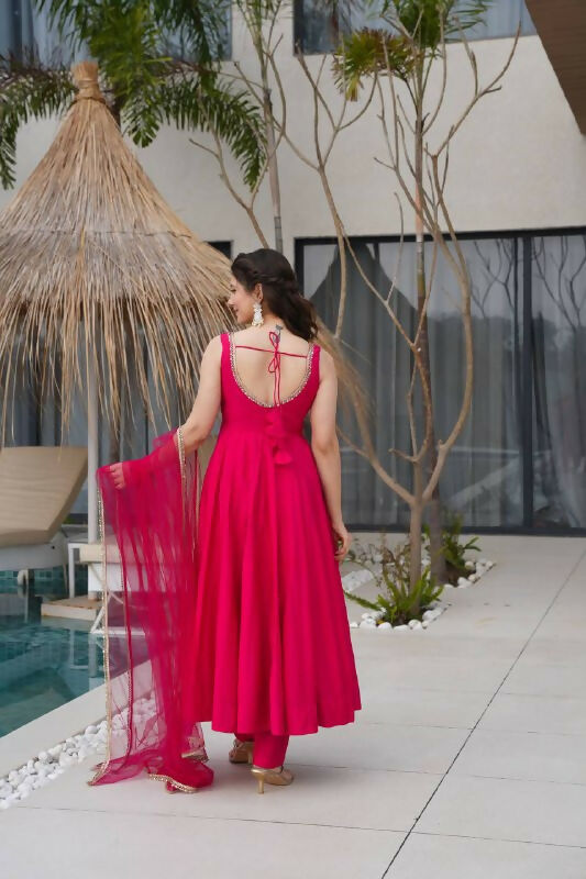 Preksha Creation Rani Pink Wedding Special Women Pure Roman Silk Chanderi Fabric Anarkali Gown With Dupatta And Pant