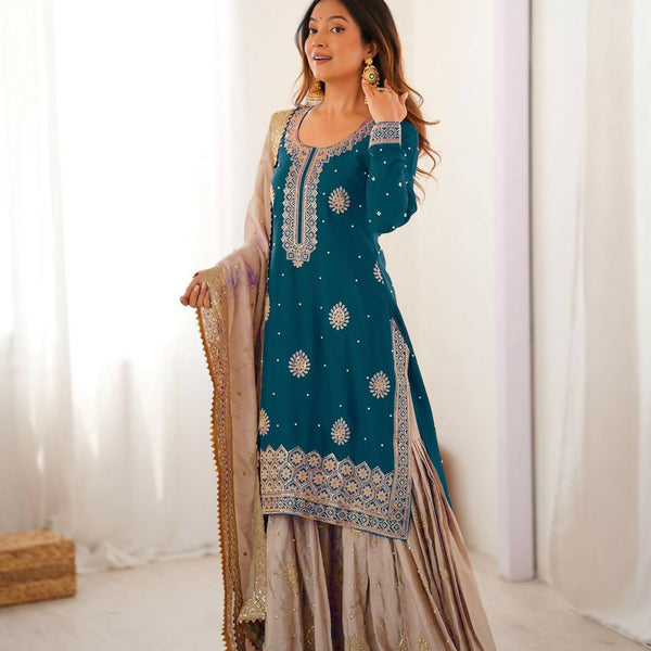 Lehenga Mart Designer Sharara Suit With Kurta, Sharara, Dupatta For Women-Teal Blue - Distacart