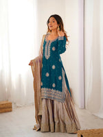 Thumbnail for Lehenga Mart Designer Sharara Suit With Kurta, Sharara, Dupatta For Women-Teal Blue - Distacart