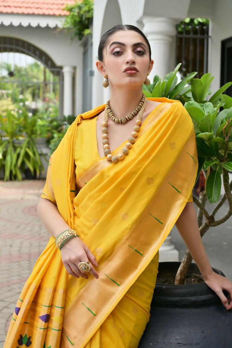 Vishnu Weaves Women's Yellow Paithani Silk Zari Woven Saree with Blouse