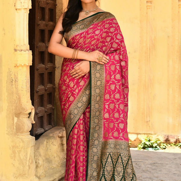 Joban Fashion Pink Crepe Chiffon Pure Handloom Banarasi Silk Saree