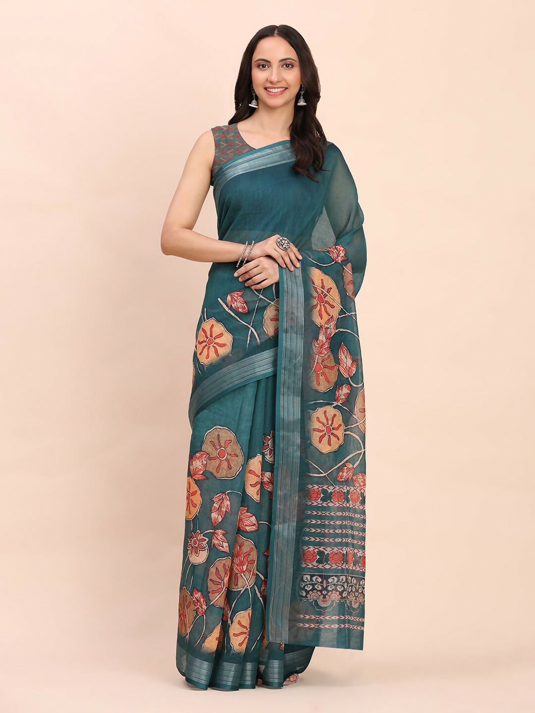 Astita Linen Cotton Teal Blue Saree