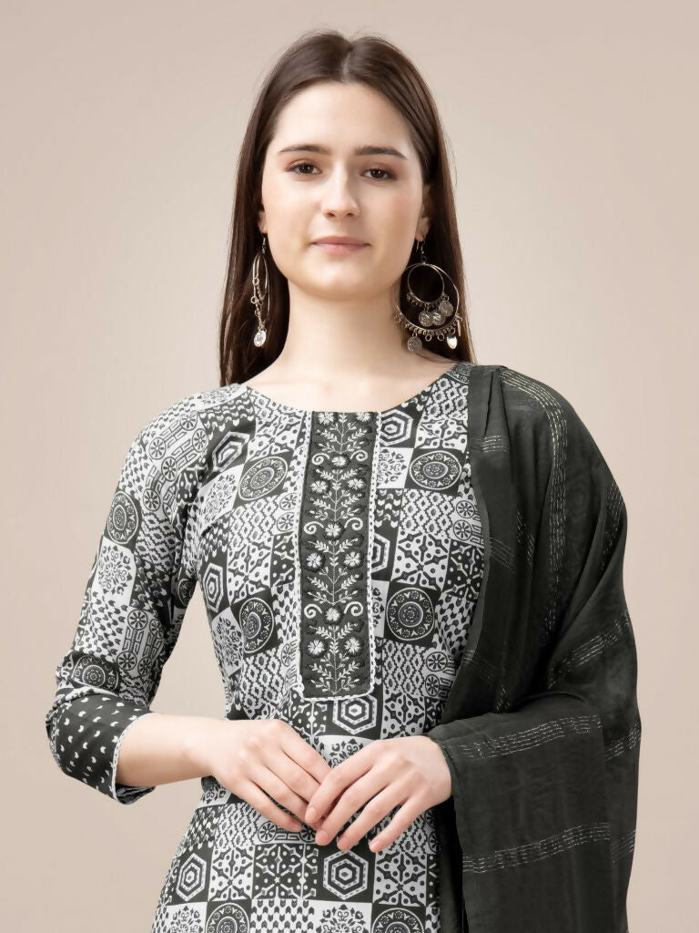 Jyoti Fashion Women's Black Rayon Print with Embroidery & Fancy Lace Work Kurta with Trouser & Dupatta - Distacart