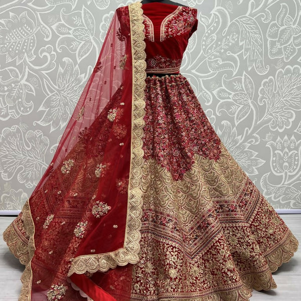 Jyoti Fashion Women's Red Velvet Fancy Dori & Sequins Multi Thread Embroidered with Diamond Work Wedding Lehenga Choli - Distacart
