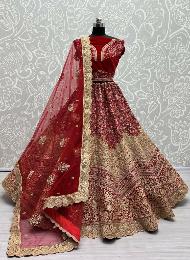 Jyoti Fashion Women's Red Velvet Fancy Dori & Sequins Multi Thread Embroidered with Diamond Work Wedding Lehenga Choli - Distacart