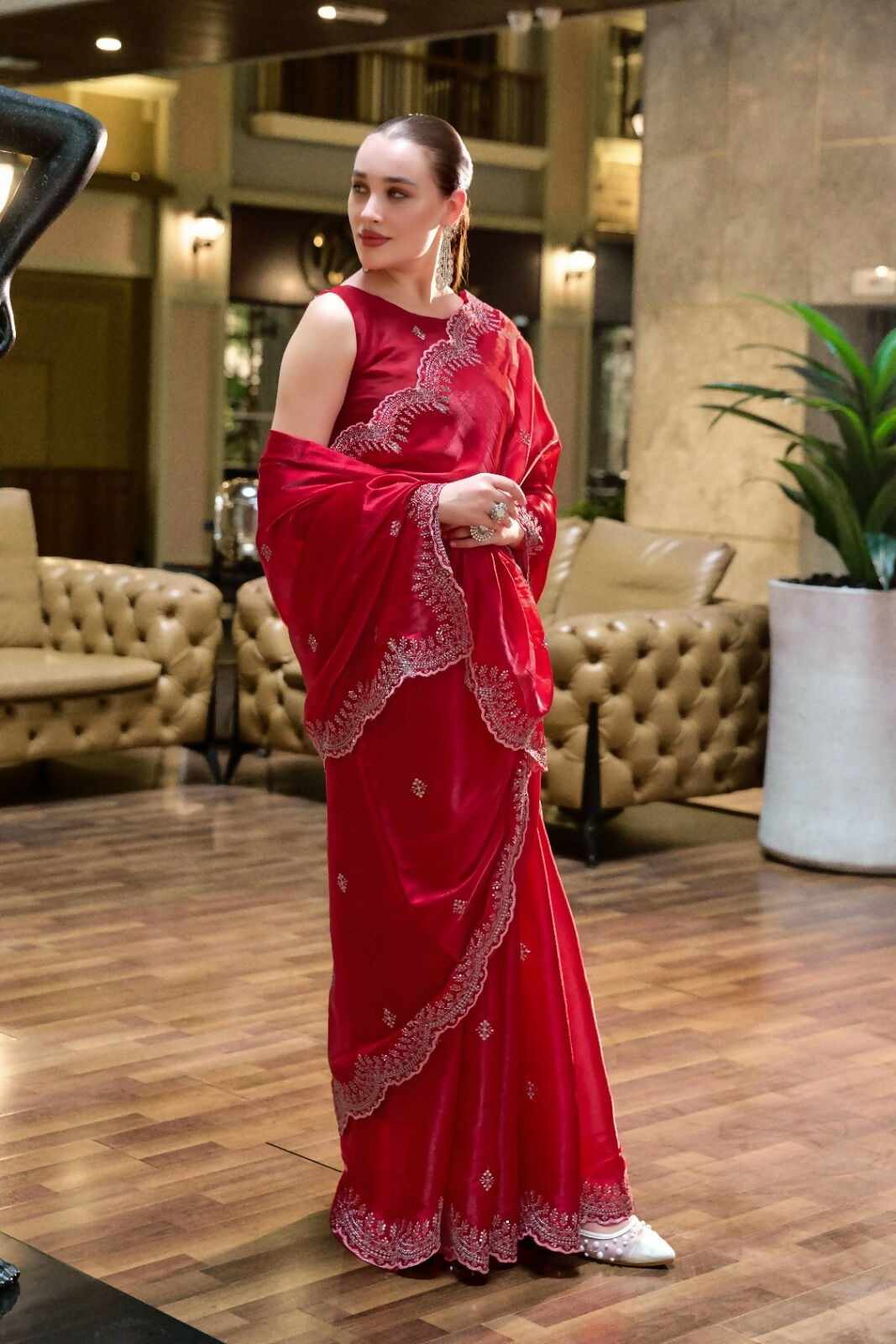 Vastranavya Red Embroidery Work Shimmer Chiffon Saree with Unstitched Blouse