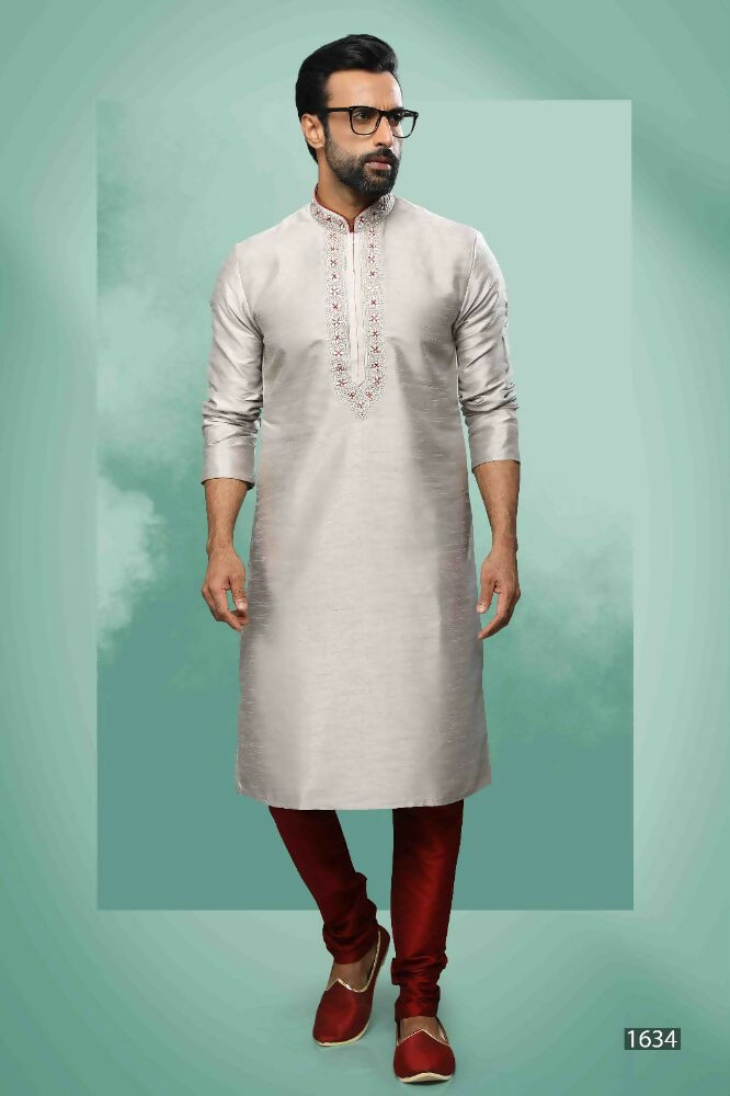 Raivat Ethnic Art Silk Mirror Embroidery Work Kurta Pajama In Grey Colour - Dista