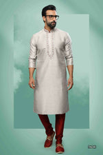 Thumbnail for Raivat Ethnic Art Silk Mirror Embroidery Work Kurta Pajama In Grey Colour - Dista