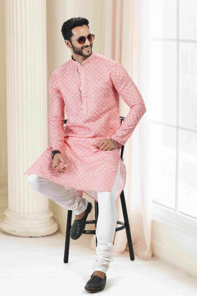 Raivat Ethnic Cotton Thread Work Kurta Pajama In Orange Colour - Dista