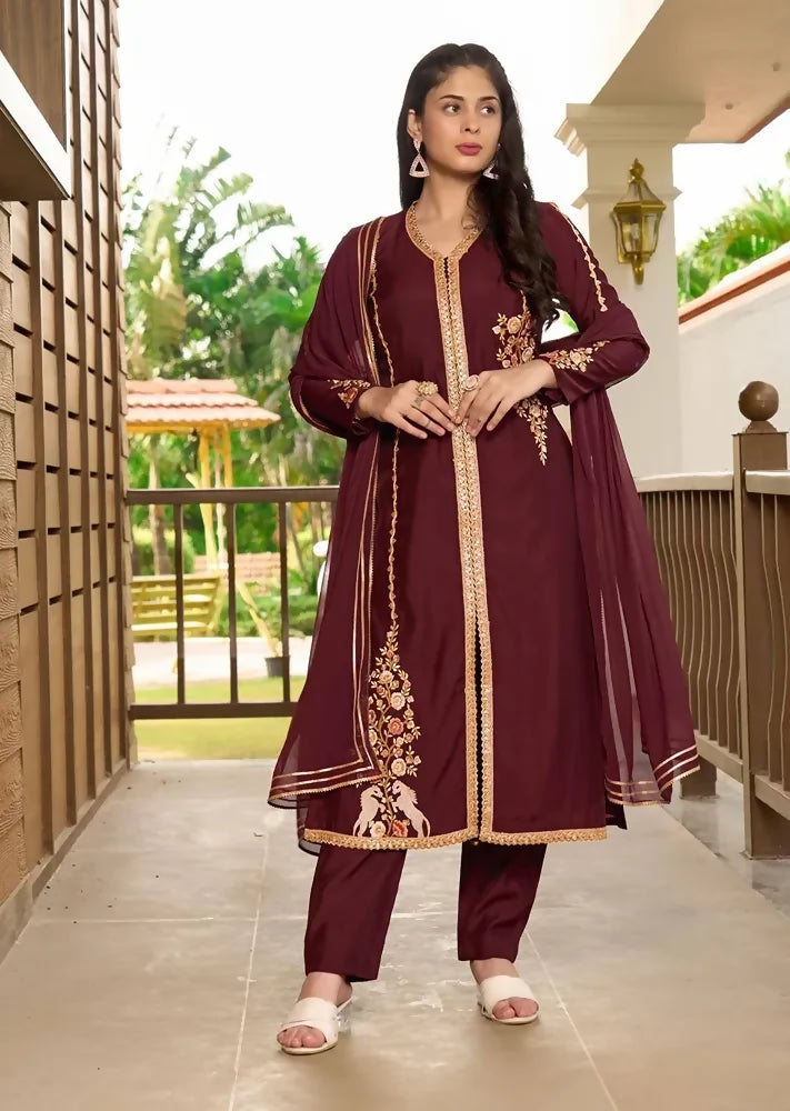 Nikhaar Dark Maroon Embroidered Art Silk A Line Readymade Pakistani Suit