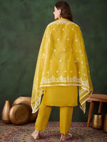 Thumbnail for Sangria Mustard Yellow Floral Embroidered Thread Work Kurta & Trouser With Dupatta