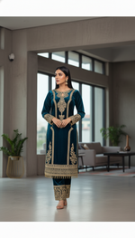 Thumbnail for Joban Fashion Teal Kurta Set Velvet Embroidery Sequence Work - Distacart