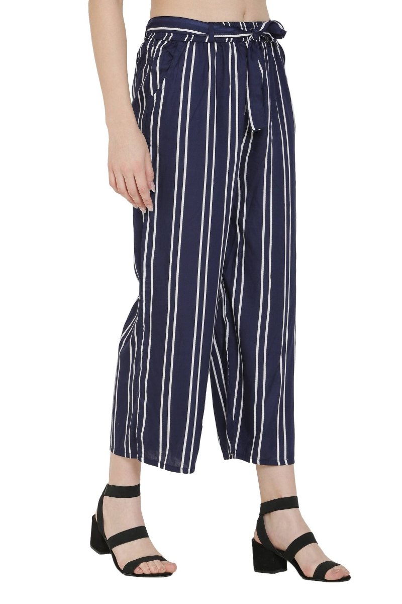 Asmaani Navy Blue Color Rayon Fabric Stripped Palazzo