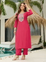 Thumbnail for The52 Women's Beautiful Rayon Fabric Embroidery Work Straight Kurta Pant and Dupatta Set - Distacart