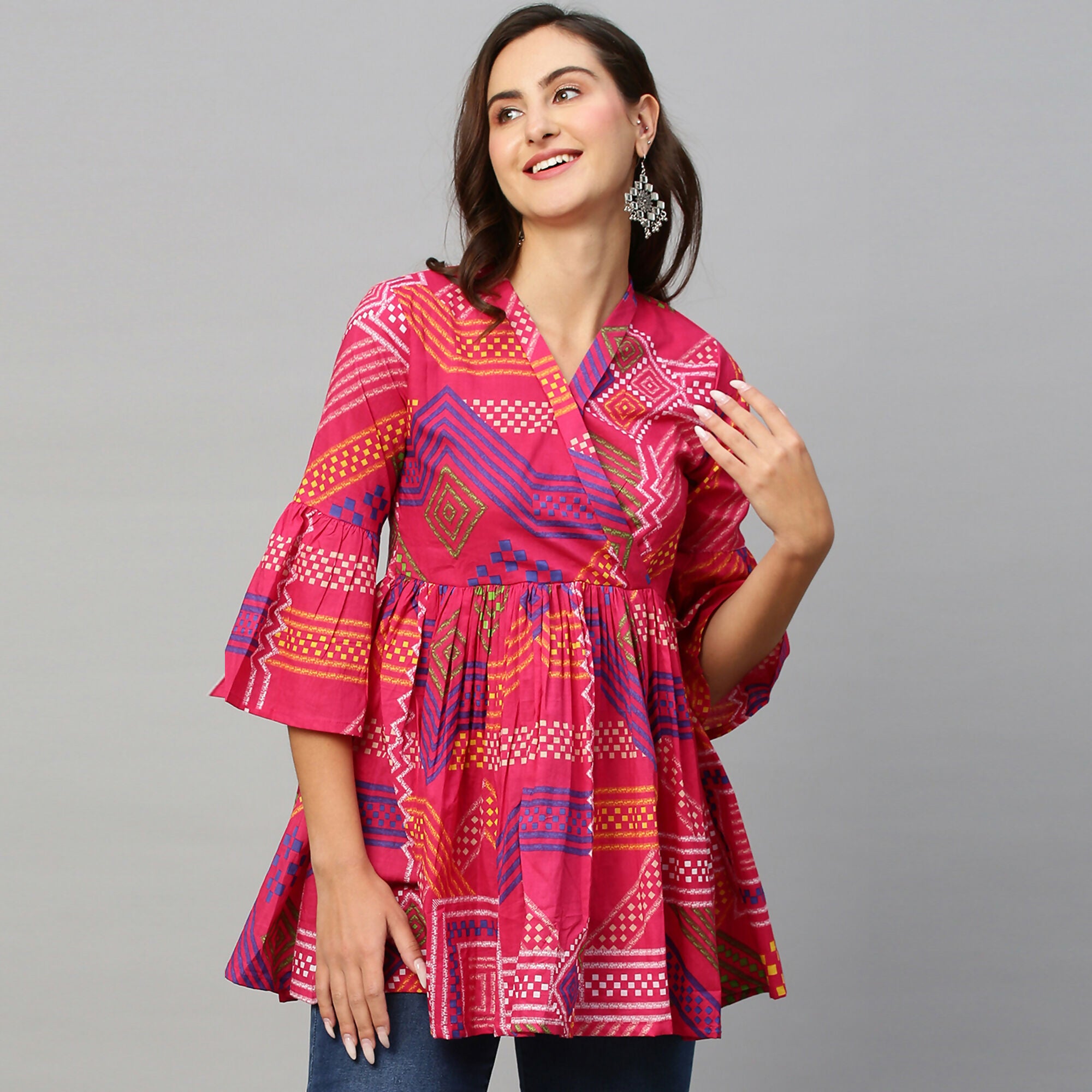 Pink Cotton Geometric Printed A-line Top - Bosky - Distacart