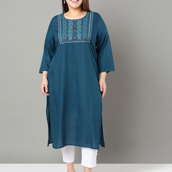 Sztori Plus Size Floral Yoke Design Thread Work Straight Kurta - Distacart