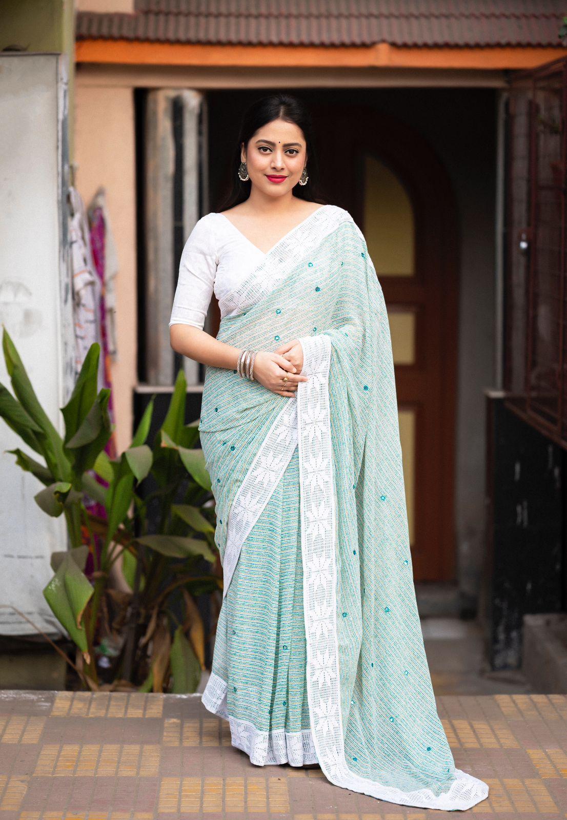 Blue Poly Georgette Ethnic Motifs Saree with Unstitched Blouse - A2M - Distacart