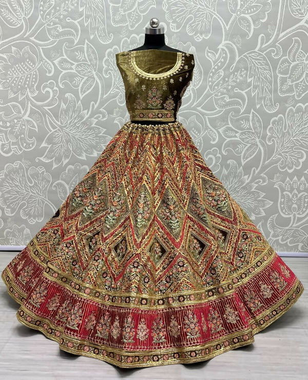 Jyoti Fashion Women's Pista Green Velvet Golden Gotta, Multi Thread Embroidered with Diamond Work Wedding Lehenga Choli - Distacart