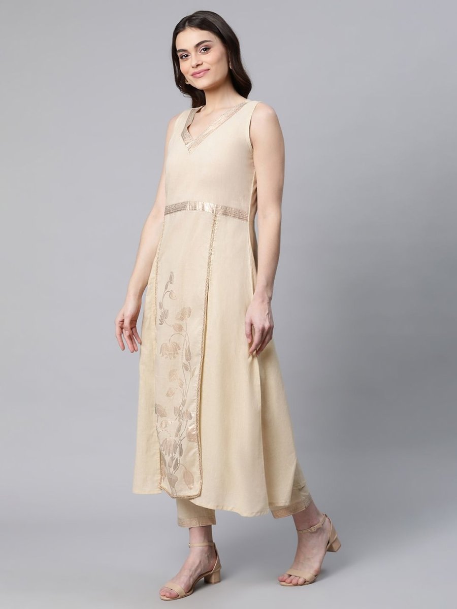 Ahalyaa Women Beige Pure Cotton Printed Floral Kurta With Trousers - Distacart