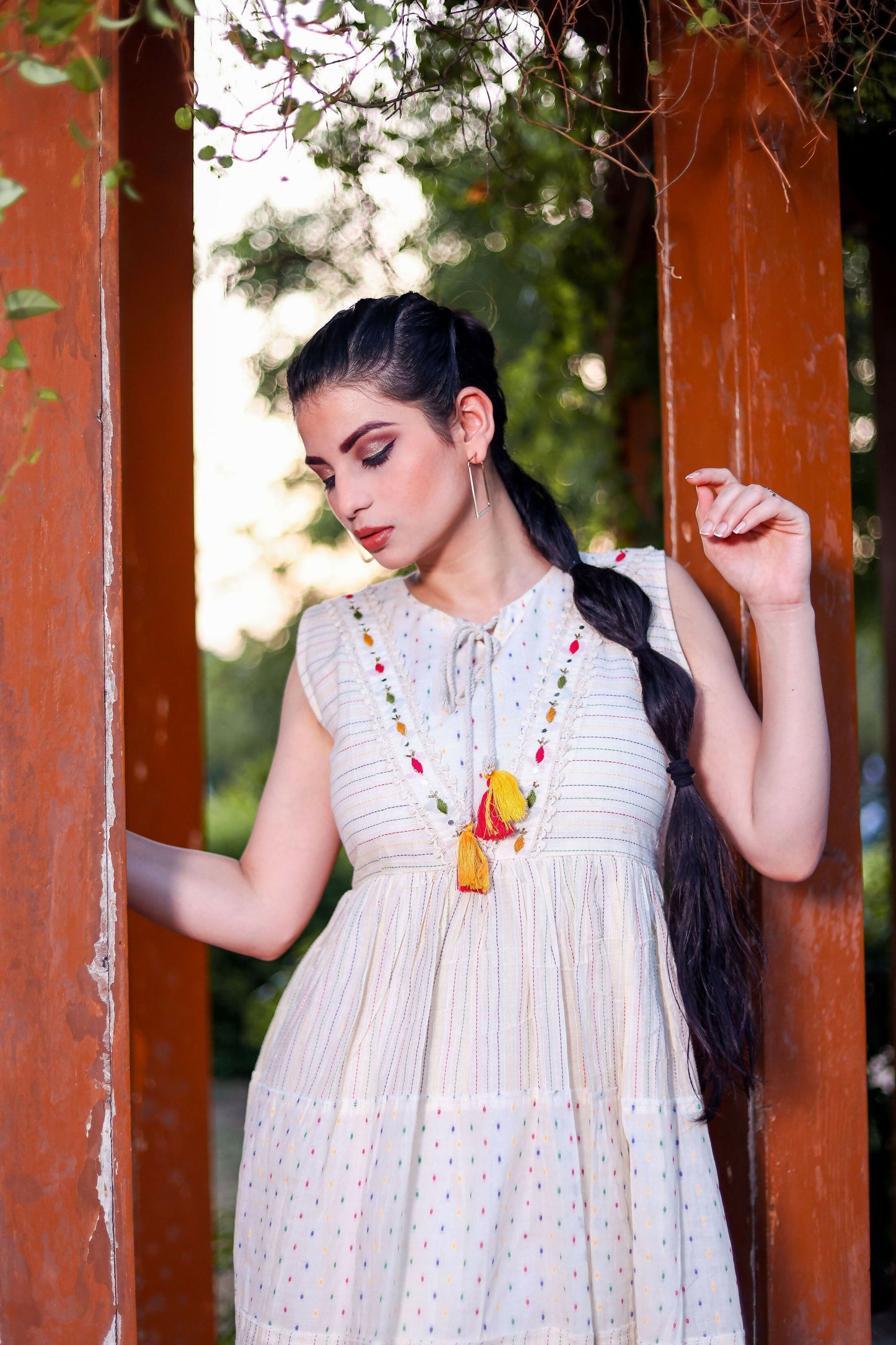 Aayaa Designer Multi Thread Hand Work Khadi Cotton One Piece Dress - Off White - Distacart