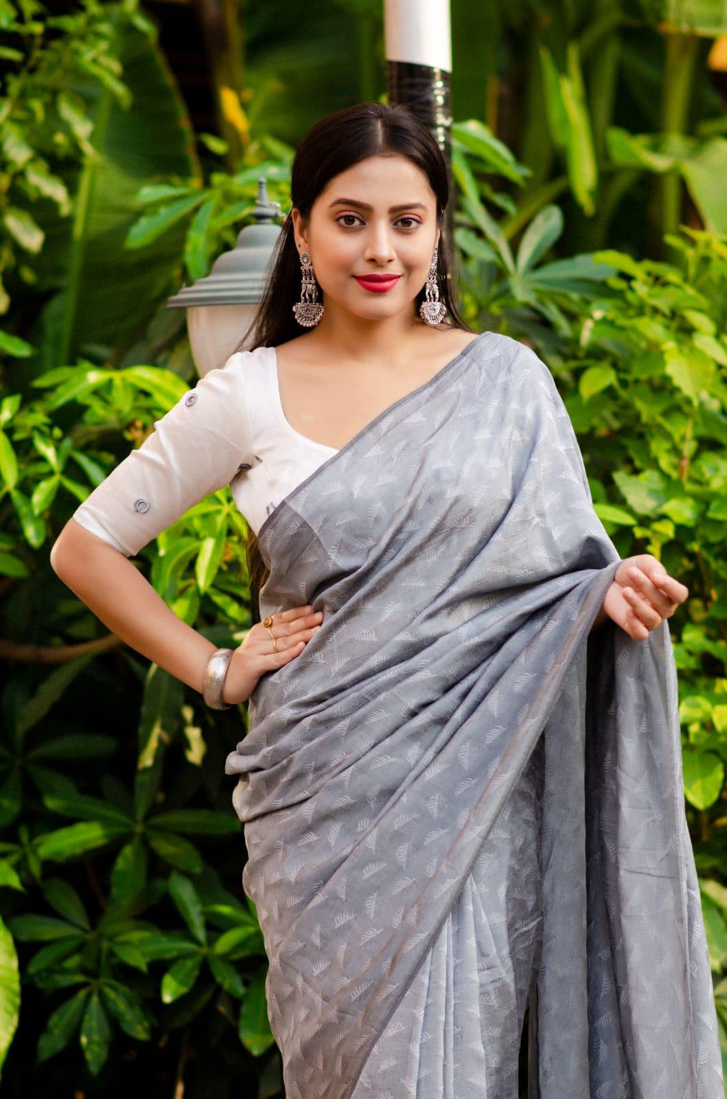 Grey Poly Georgette Woven Design Saree with Unstitched Blouse - Hiral Fashion - Distacart