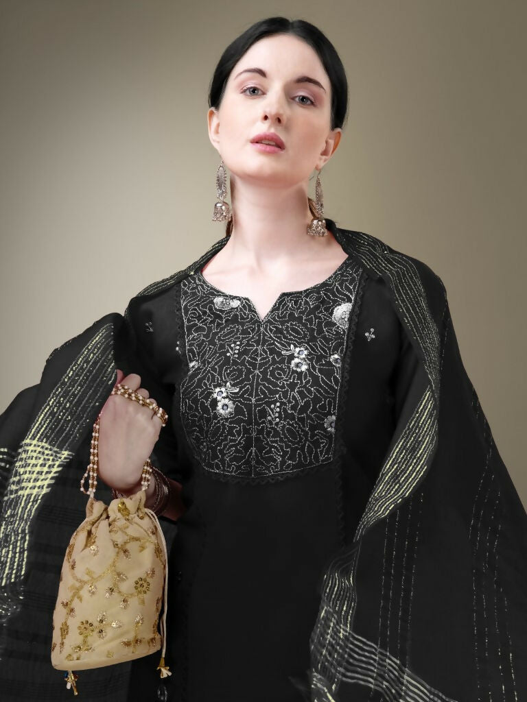 Jyoti Fashion Women's Black Cotton Blend Embroidery & Fancy Lace work Kurta with Trouser & Dupatta - Distacart