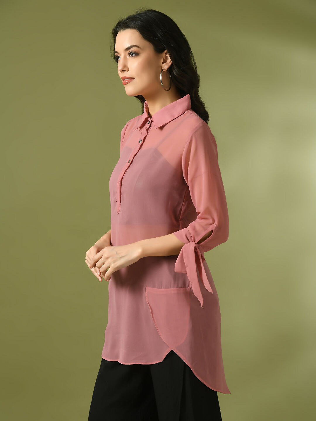 Myshka Women's Pink Solid Georgette Longline Party Sheer Tunic - Distacart