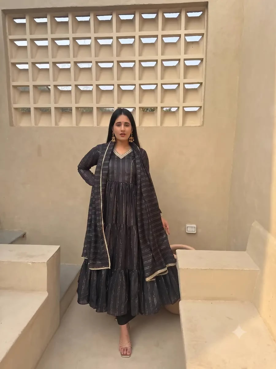 Teeya Creation Festive Black Striped Anarkali Suit with Dupatta and Pant Set