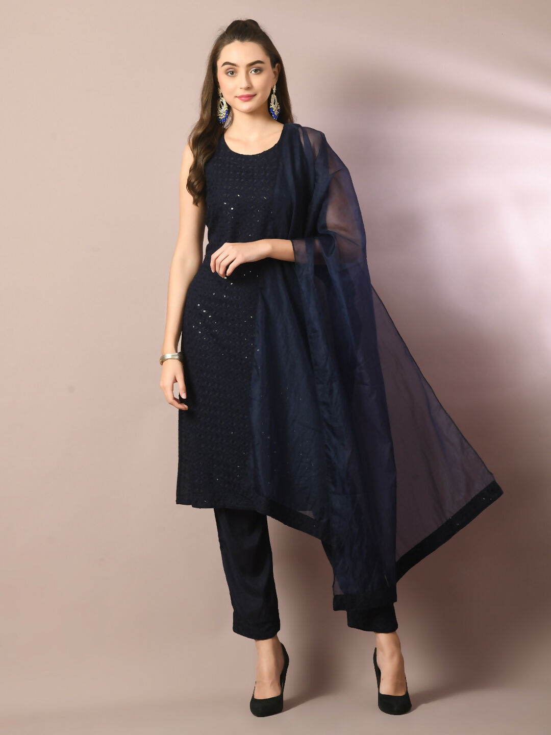 Myshka Women's Navy Blue Embroidered Cotton Straight Party Kurta Set With Dupatta - Distacart