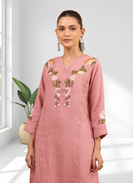 Thumbnail for Joban Fashion Pink Linen Embroidered Readymade Long Kurta With Pant - Distacart