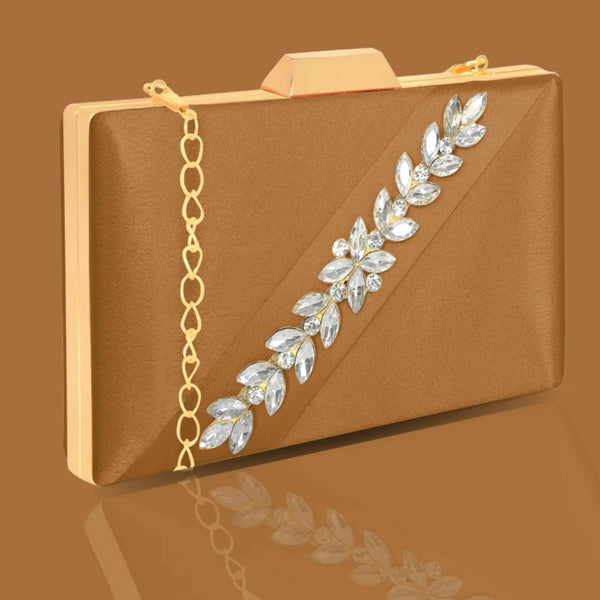 Joban Fashion Luxurious Satin Evening Clutch With Detachable Chain Strap - Brown - Dista
