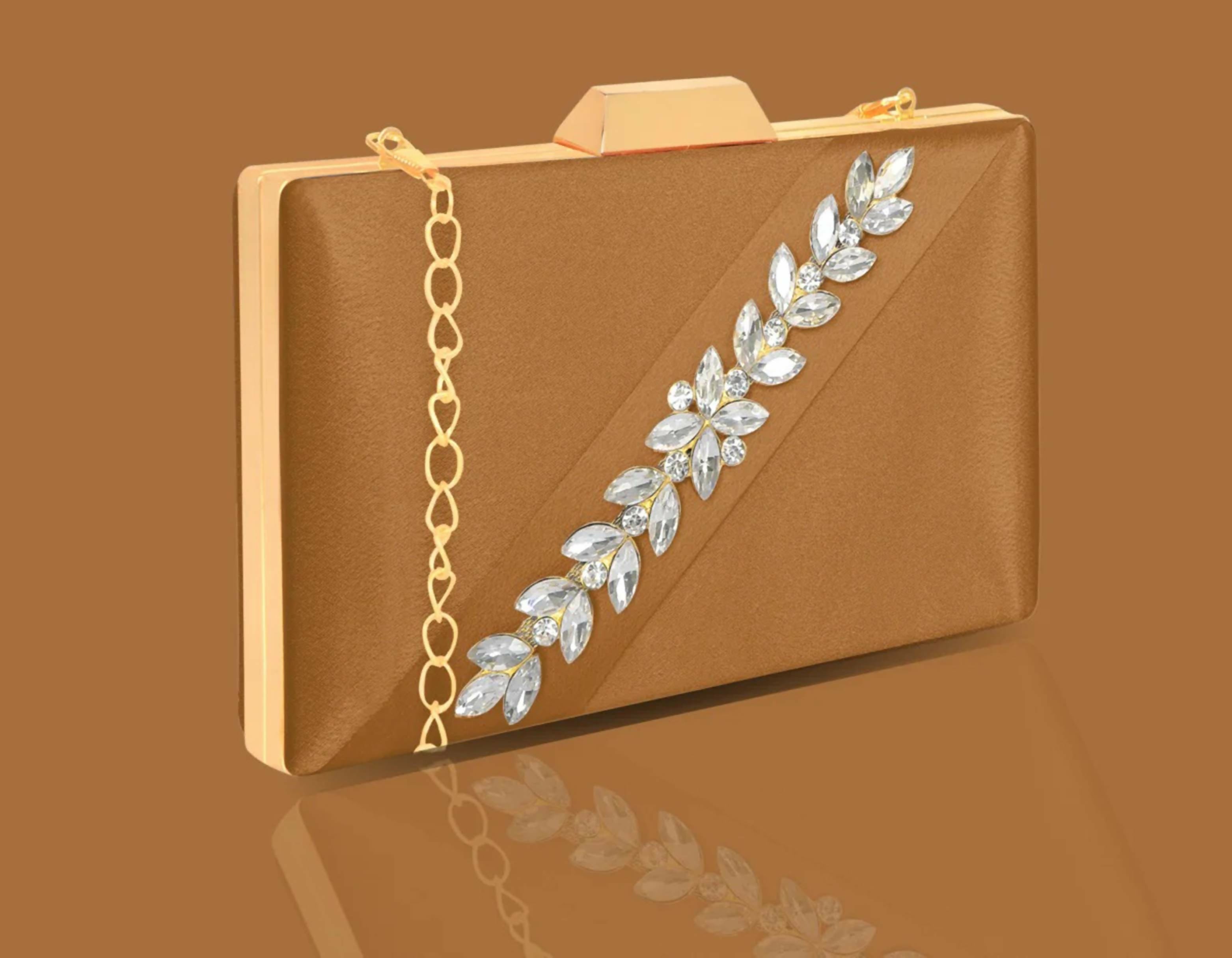 Joban Fashion Luxurious Satin Evening Clutch With Detachable Chain Strap - Brown - Dista
