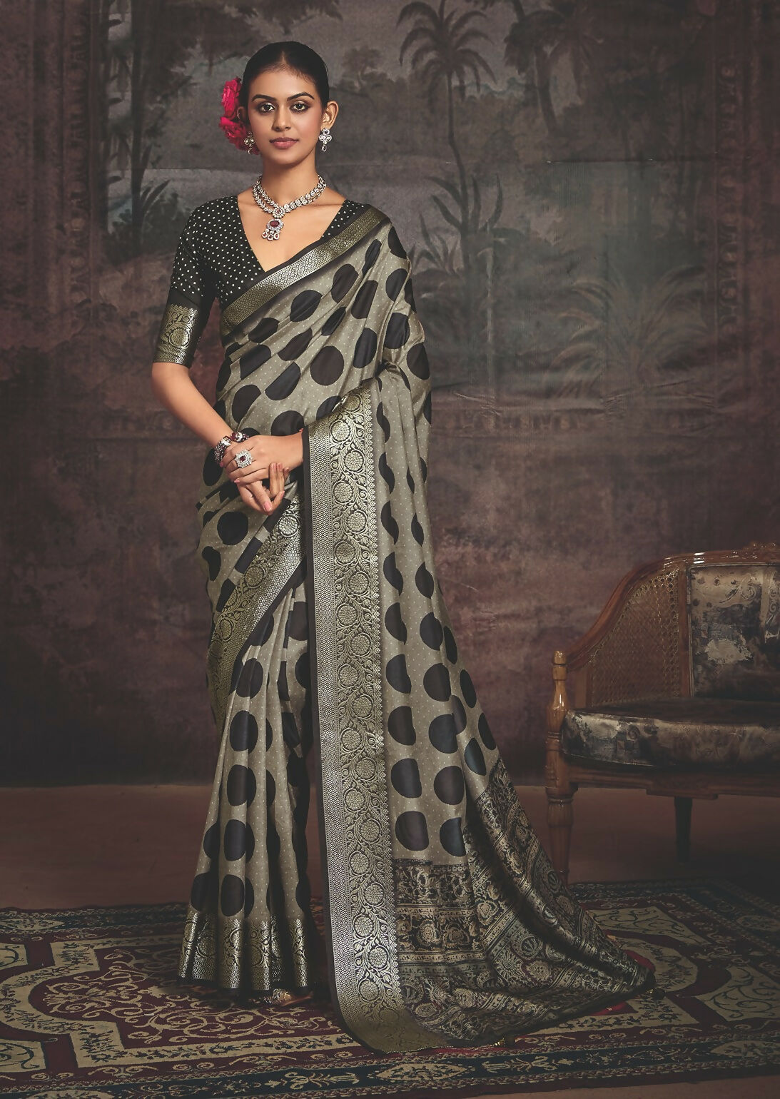Joban Fashion Black Art Silk With Fine Viscose Border Ajrak Full Body Print With Soft Finish Saree