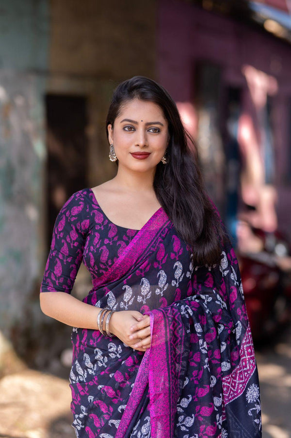 Purple Linen Blend Ethnic Motifs Saree with Unstitched Blouse - A2M