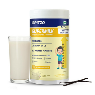 Gritzo SuperMilk Growth+ (Formerly Height+) Unsweetened Drink Mix (7-12y Boys), 10g Protein Powder (Creamy Vanilla) - Distacart