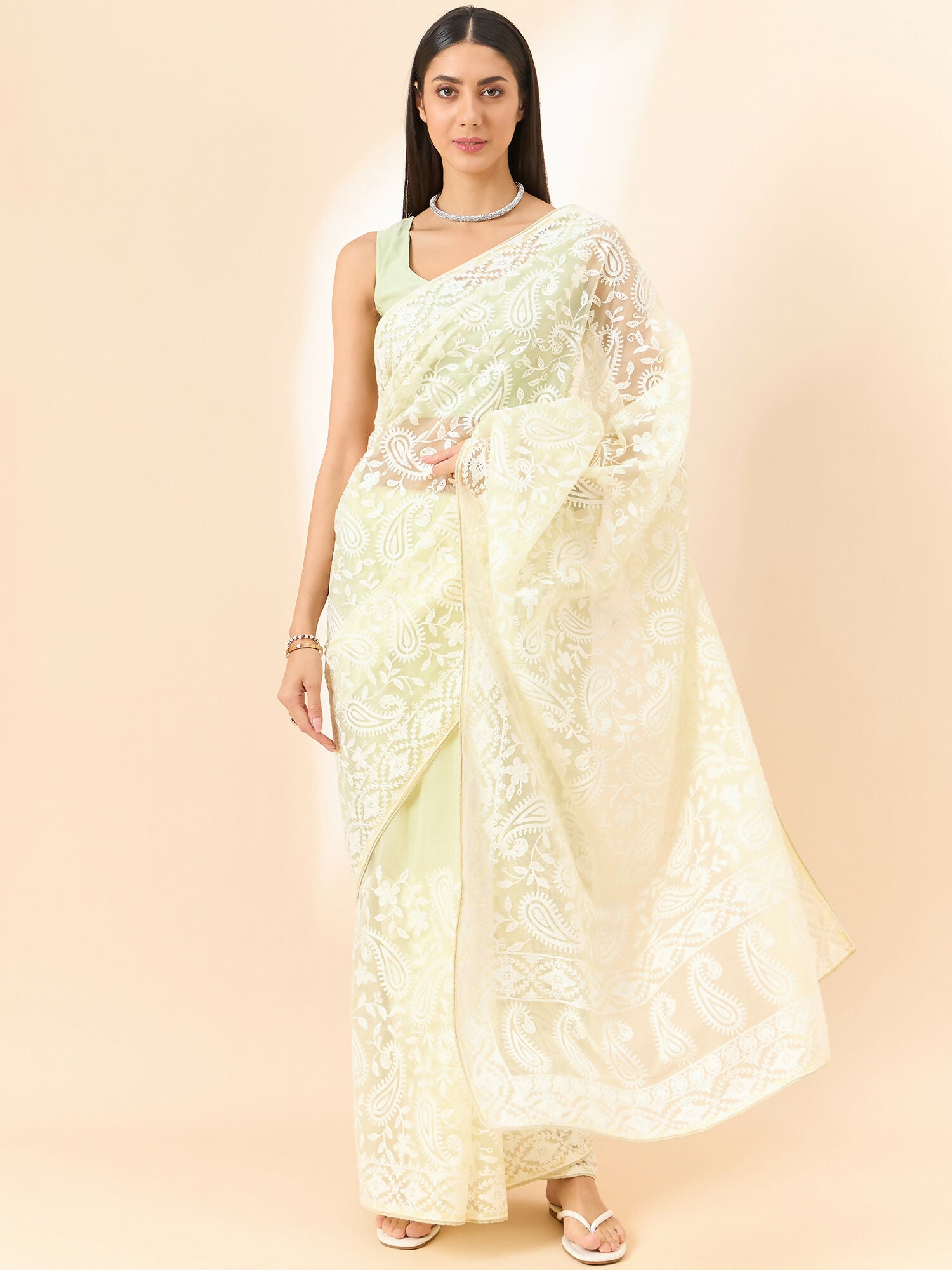 Yellow Organza Paisely Embroidered Saree with Unstitched Blouse Piece - Roozal - Distacart
